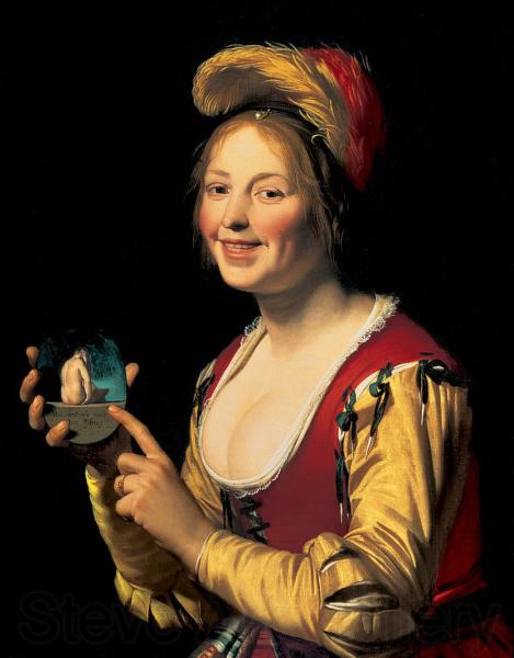 Gerard van Honthorst Smiling Girl, a Courtesan, Holding an Obscene Image
